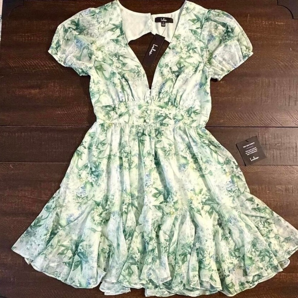 Lulus Bloom With Grace Green Floral Puff Sleeve Dress S Autumn Wedding Guest NWT